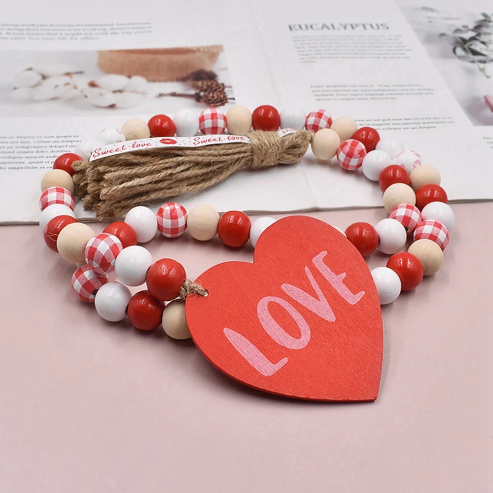 Freeship Sweet Love Wood Beads Garland Valentine’s Day Tiered Tray Decors Beaded Garland with Tassels Heart Shaped Pendant
