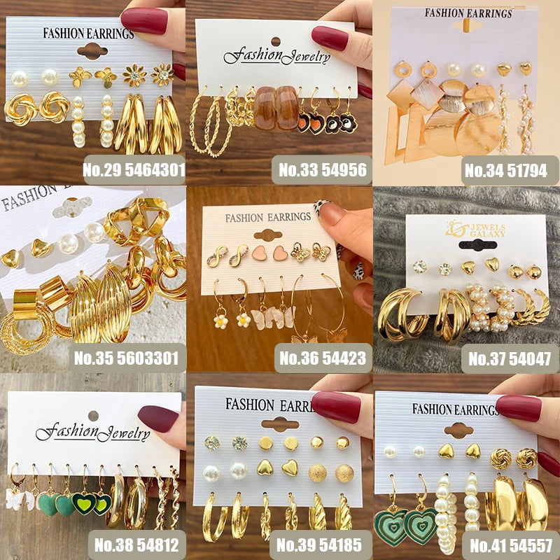 Hemasa Pearl Twist Earring Set Metal Gold Plated Dangle Earrings for Women Bohemian Geometric Hoop Earrings Trendy Jewelry