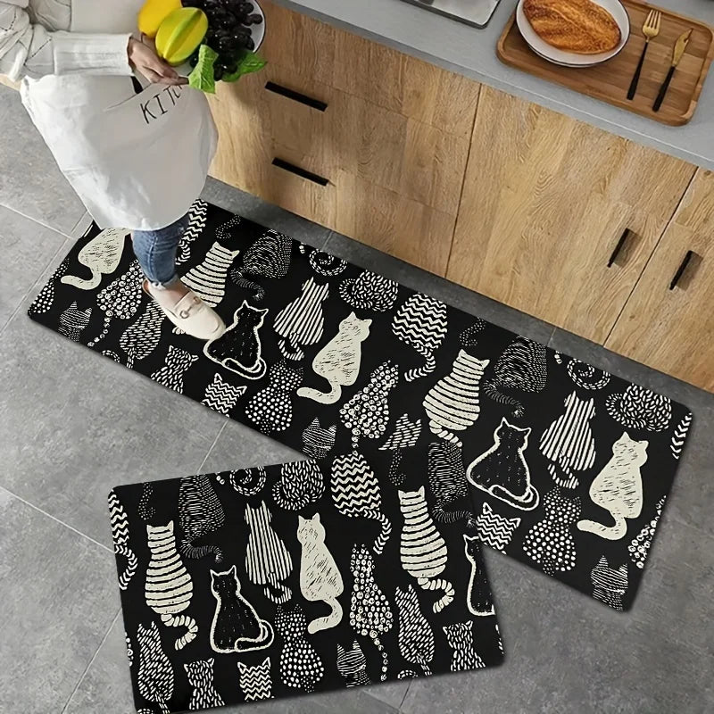 Tejesa Set of 2 Cute Black Cat Kitchen Rugs /Farmhouse Style Non-Slip Washable Floor Mats Home Decor