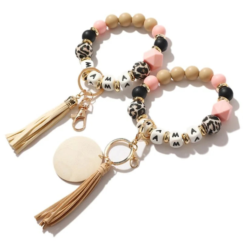 Silicone Keychain For Keys Tassel Wood Beads Bracelet Keyring For Women Accessories Multicolor Keychain Wholesale Hot Sale 2022