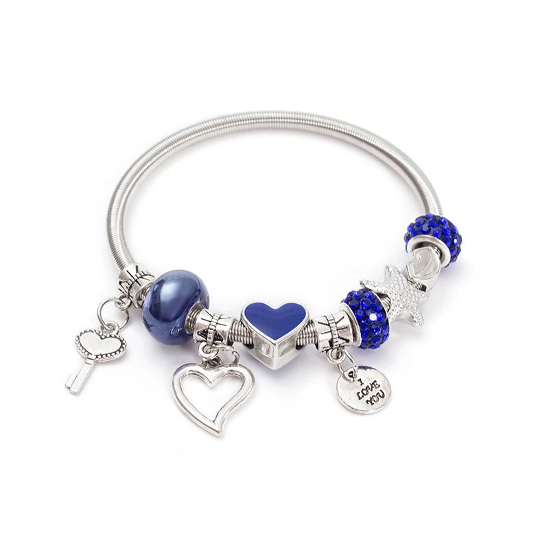 Fashion Simple Pandora Glazed Gem Beads Key Lock Love Hanging Bracelet Light Luxury Vintage Bangle For Women Jewelry Gift