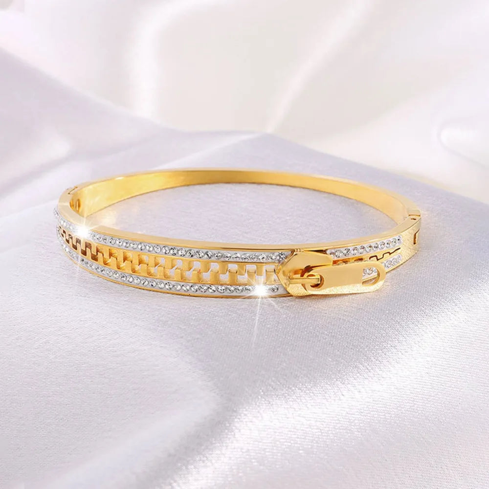 Tejesa Shiny Zipper Bangle /Cstal Bracelet Gold Plated Fashion Zip Titanium Steel Hand Chain Gift