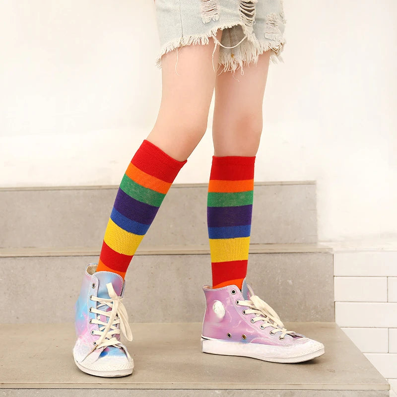 Children Girls Socks Knee Casual Fashion Rainbow Striped Christmas Hose Kids Breathable Cotton Stocking Legwarmers