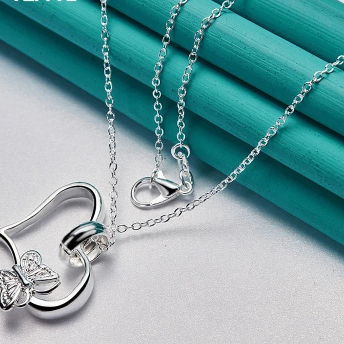 Hemasa 925 Sterling Silver Butterfly Heart Pendant Necklace 18 Inch Chain For Woman Fashion Wedding Engagement Charm Jewelry
