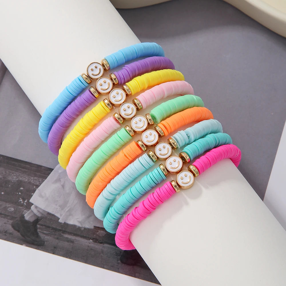 Hemasa 9 Color Enamel Smile Face Charm Bracelet For Girl/ Multicolor Polymer Clay Flat Beads Bracelet Set for Women