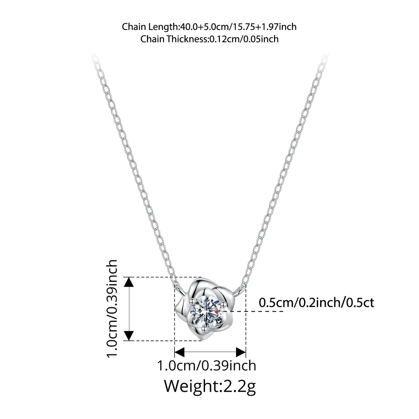 BAMOER 0.5CT Moissanite Rose Flower Pendant Necklace 925 Sterling Silver Round Cut Diamond O-Chain for Women Valentine's Day
