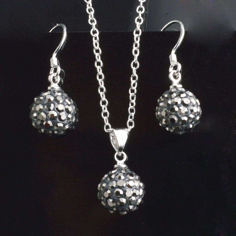 Brand Female Jewelry Set Women's Fashion Ab White Crystal 10mm Ball Drop Earrings Necklace Pendant Set Silver Color Wholesale
