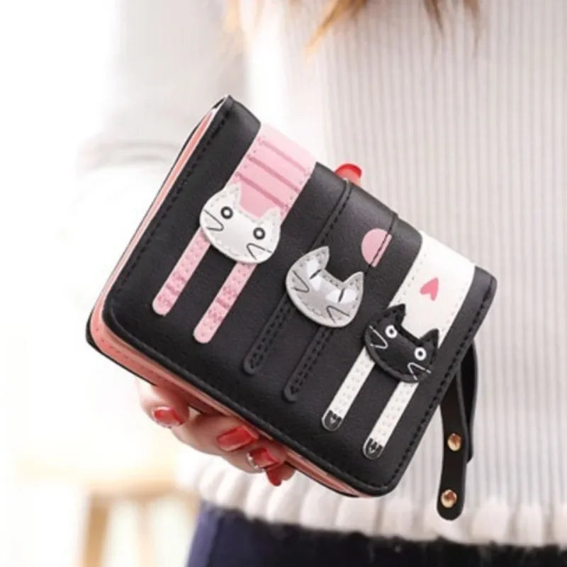 Women's Purse Short Cute Cat Print Mini Two-fold Folding Coin Purse Delicate Fringe Multi-functional Student Girls Teen Wallet