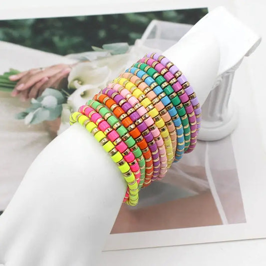 Boho Ethnic Style Enamel Paint Fashion Ladies Bracelet Bangle DIY Cylindrical Tube Handmade Beaded Rainbow Bracelet Jewelry