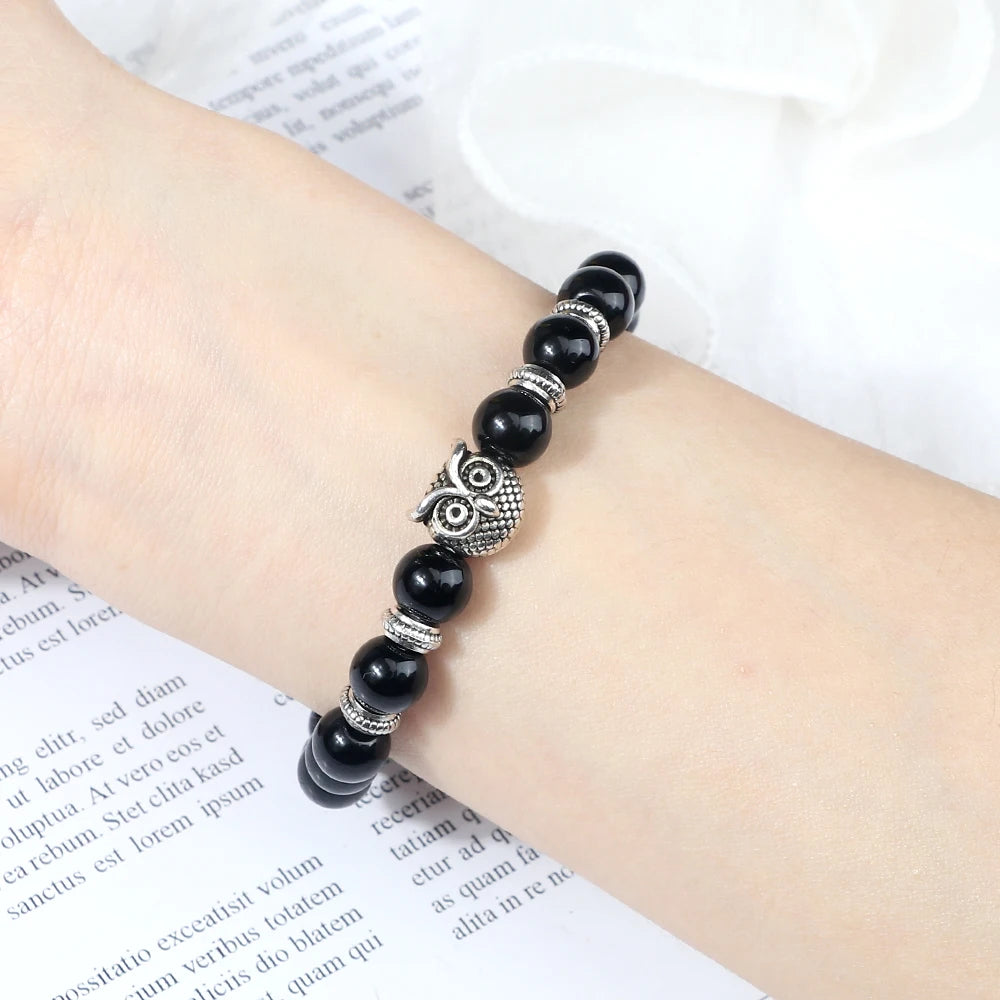 Hemasa  Owl Charm with  Natural Lava Stone Malachite Beads Couple Bracelets