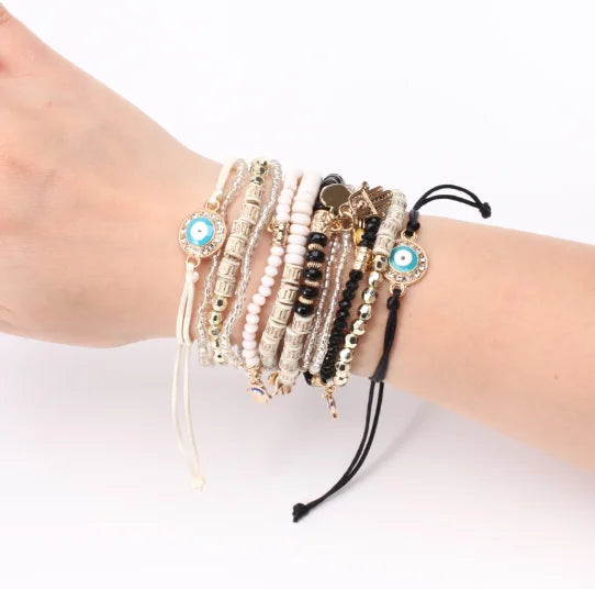 Bohemian Evil Eye Pendant Bracelet Set for Women Crystal Fatima Hand Charm Stone Beads Chain Bangle Female Bohemian Jewelry Gift