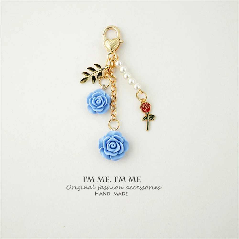 Fashion Imitation Pearl Flower Keychain Cute Sakura Rose Plush Ball Keyring for Women Girls Car Handbag Phone Pendant Accessorie