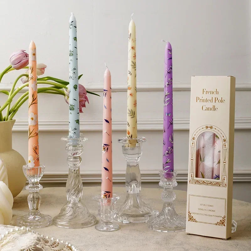 7.5'' Long Wedding Candles French Hand-Printed Pole Candle Long Taper Dinner Candles for Minimalist Home Decorative Candles