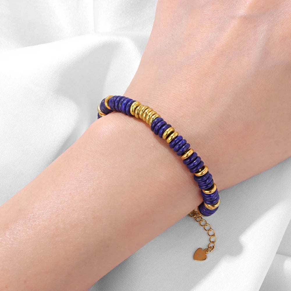 Tejesa Rondelle Natural Stone Flat Beads Bracelets For Women Men /Green Aventurine Lapis Lazuli Indian Agates Chain Bracelet Jewelry