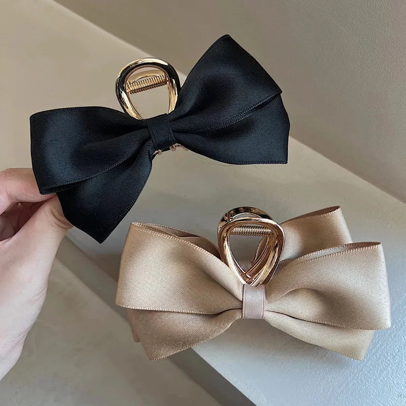 Hemasa Black Satin Bow Clip Women’s  Summer Headwear  Temperament Hair Clip Back of the Head Shark Clip