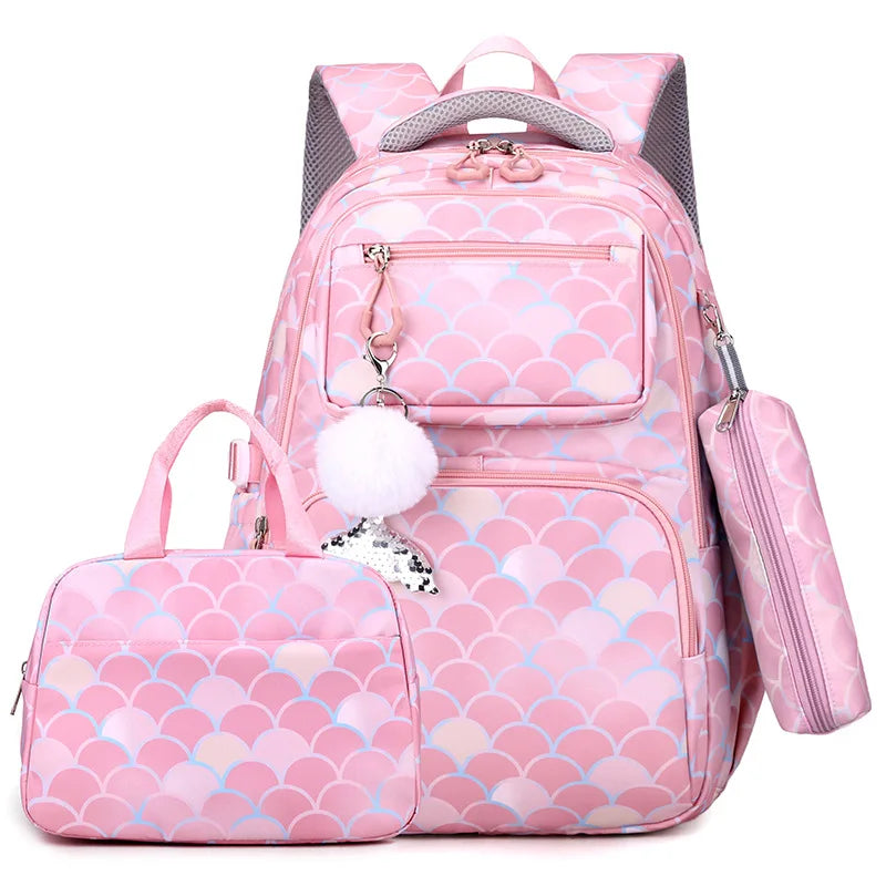 Hemasa 3pcs/Set Fish Scale Print Kid Backpack With Mermaid pendant Girl waterproof School Bag Children Schoolbag  For teenage girls