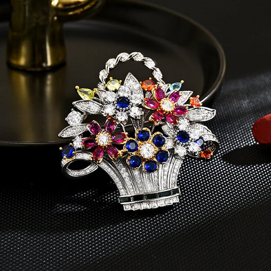 New Creative Colored Diamond Retro Flower Basket Brooch, High-End Elegant Versatile Floral Pin for Coats and Outerwear