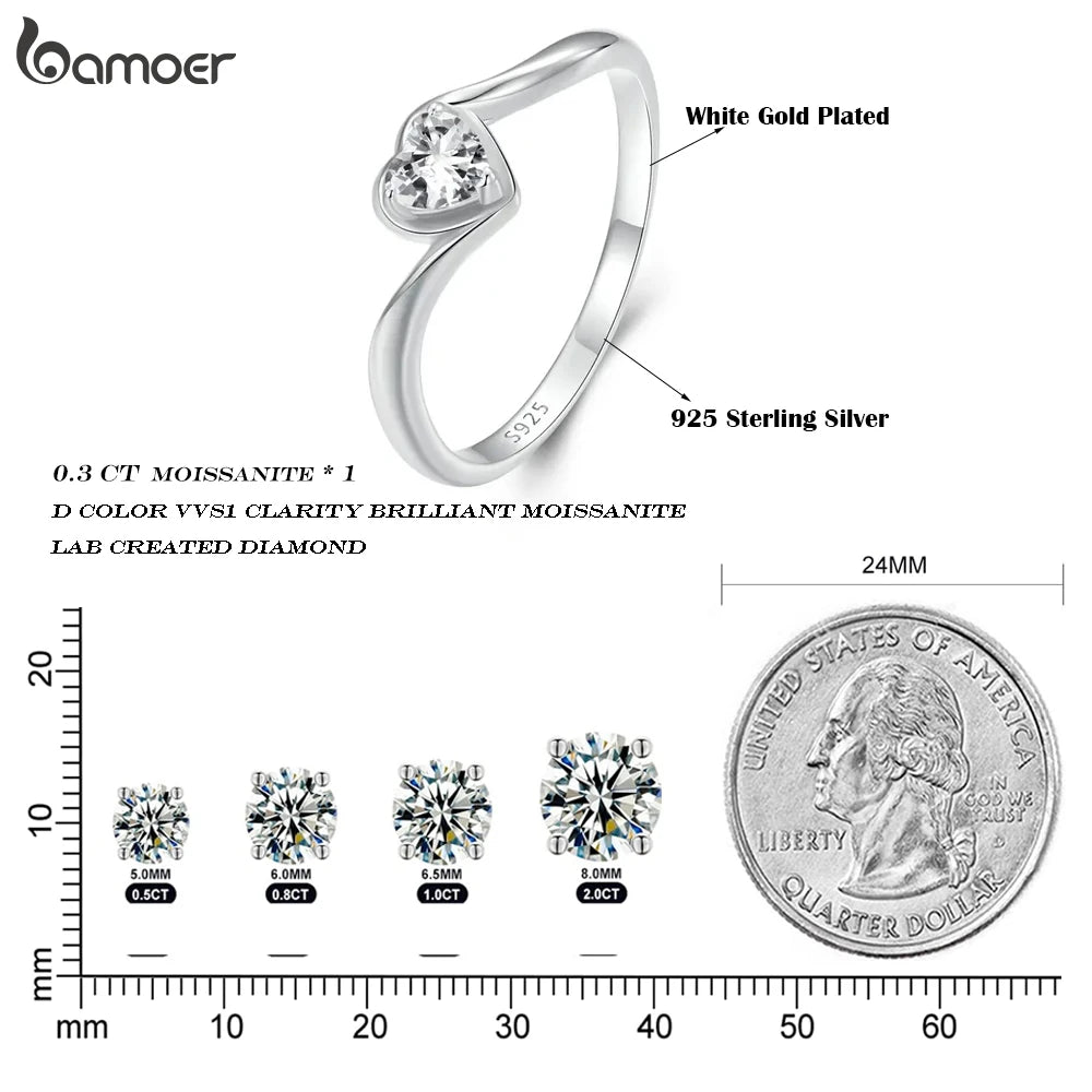 BAMOER White Gold Plated Heart-shaped Moissanite Solitaire Engagement Ring for Women, 925 Sterling Silver VVS1 Wedding Band