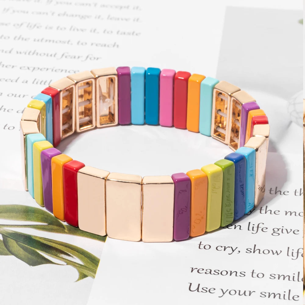 Wholesale Enamel Bracelets Set Gold Color Bangle For Women Colorful Beads Elastic Bracelets Handmade  Beads Jewelry