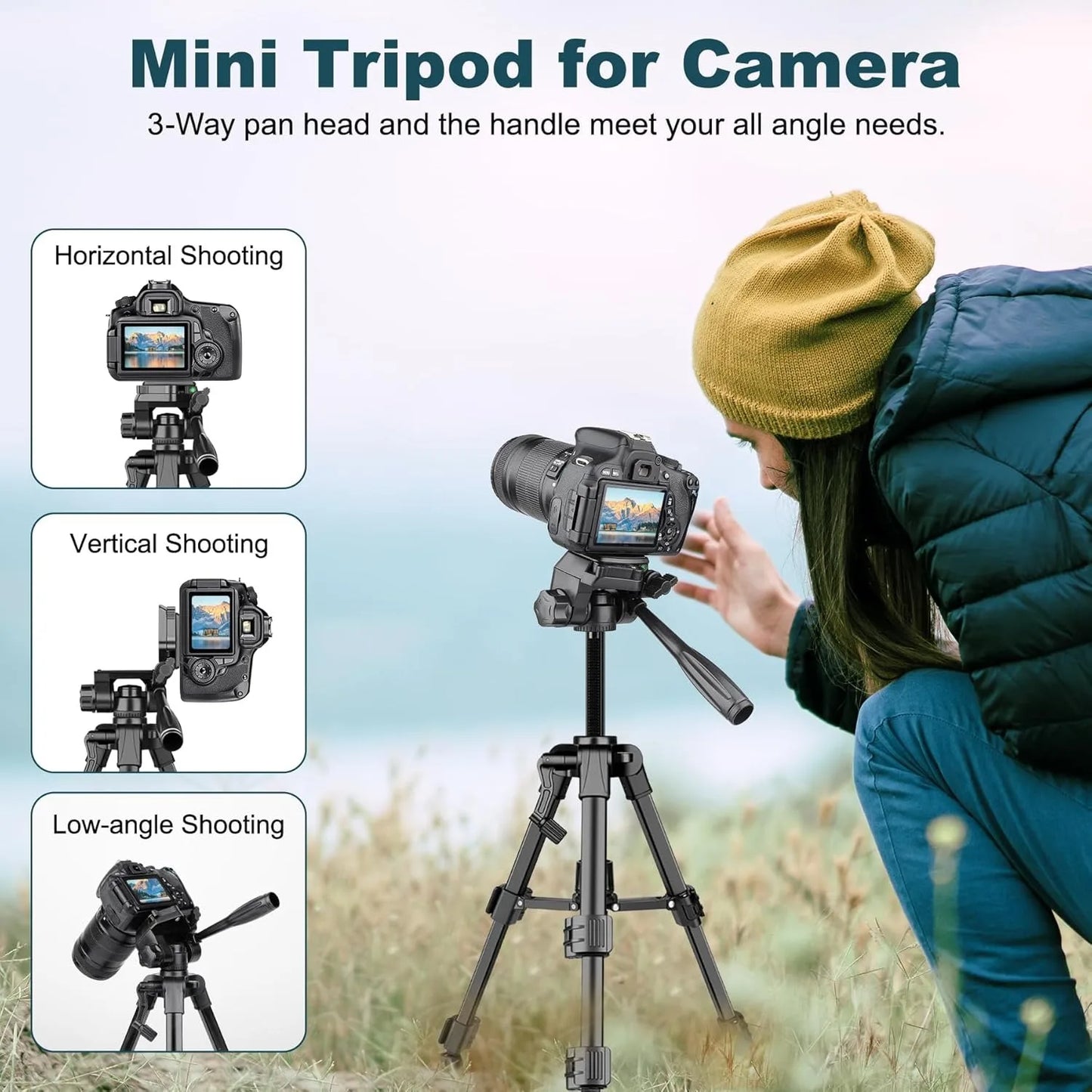 Tejesa Mini Tripod for Camera, 25inch Aluminum Tabletop Camera Tripod, Portable Travel Tripod , for Cameras, Projectors, Spotting Scope