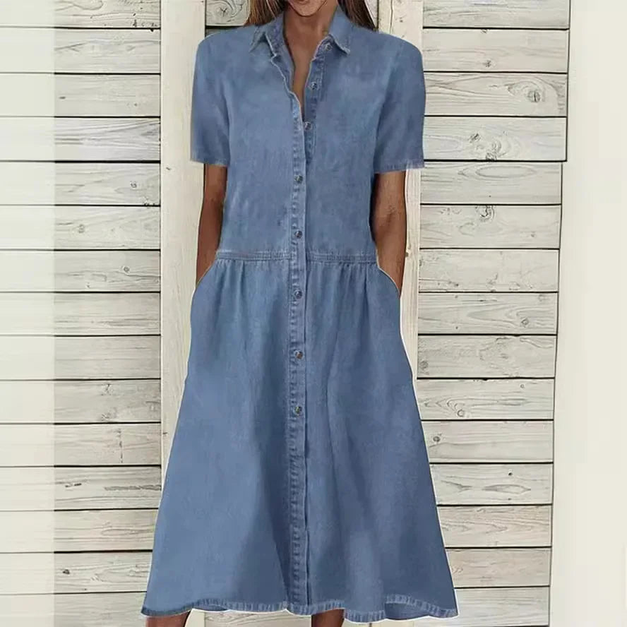 Hemasa Casual Jeans Shirt  Denim Dress for Women /Loose Short Sleeve Cardigan Ladies Womens Denim Shirt Long Dresses
