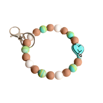 Hemasa Personalized Bangle Silicone Bead  Stretch Wristlet bracelet/ Keychain with  Keyring Gift for Teacher Mom Nurse Gift