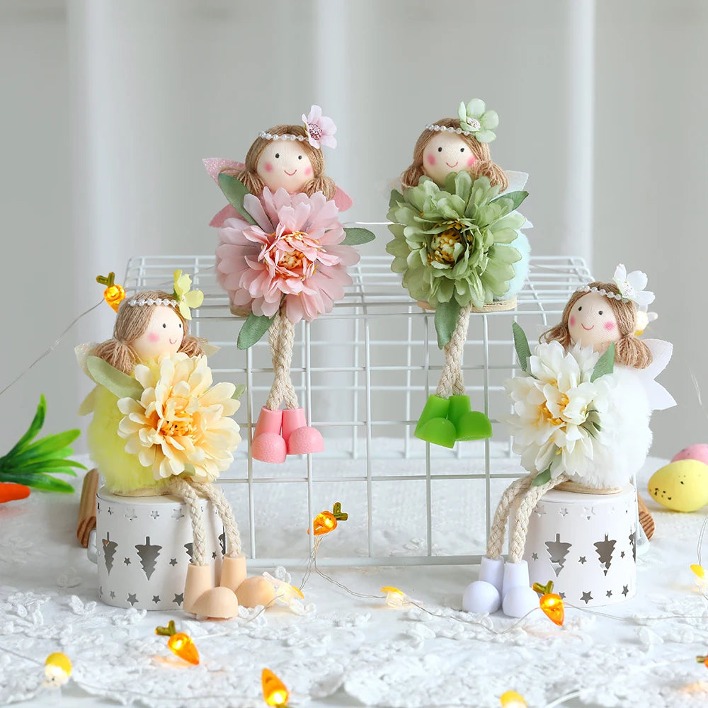 New Plush Flower Fairy Bunny Rabbit Dolls Hanging Ornaments Pink White Yellow Green Kids Girls Gifts Easter Home Decor