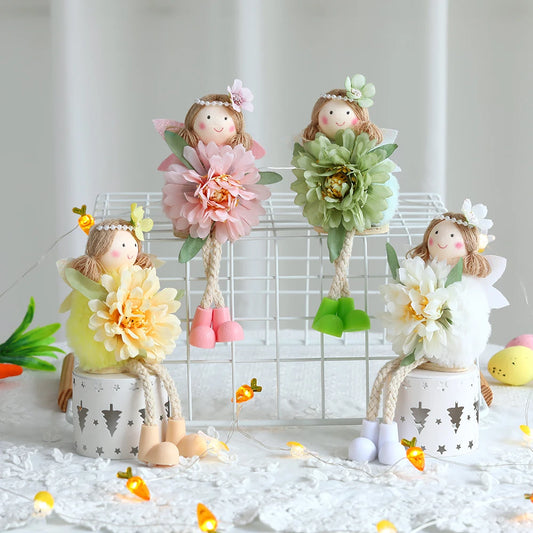 New Plush Flower Fairy Bunny Rabbit Dolls Hanging Ornaments Pink White Yellow Green Kids Girls Gifts Easter Home Decor