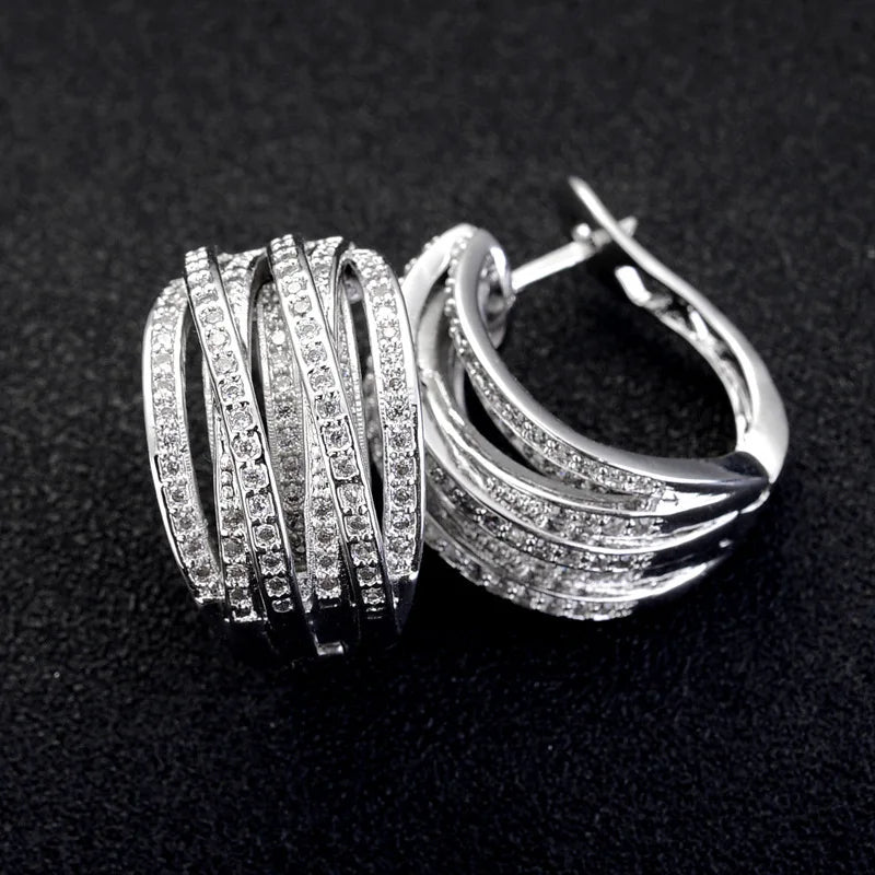Hemasa New Trendy Hoop Earrings for Women /Silver Color Overlapping Cubic Zirconia Earrings Fashion Versatile Jewelry Drop Ship
