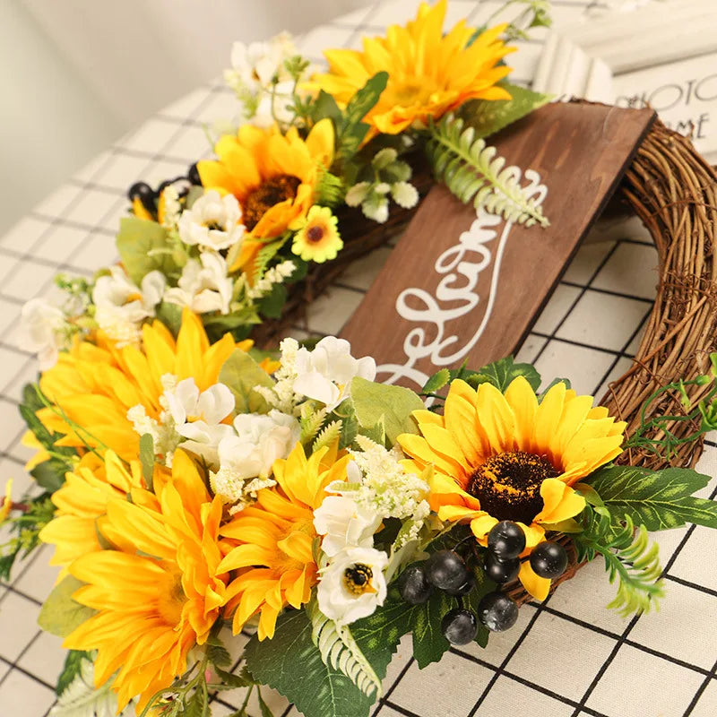 Tejesa Artificial Sunflower Spring  Wreath for Front Door  Green Eucalyptus Wreaths with Welcome Sign Wall Window Outdoor Decor