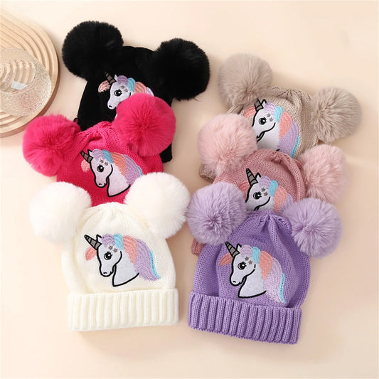 Pudcoco Kid Girls Knit Beanie, Soft Lightweight Embroidery Horse Winter Cap Toddler Beanie with Plush Balls 1-4T