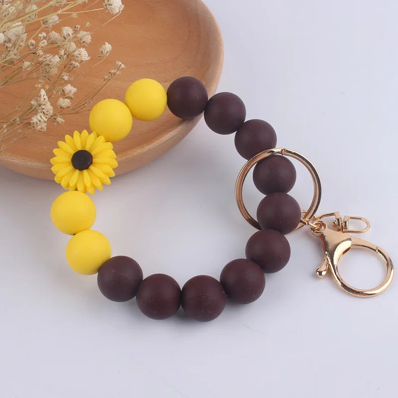 Food Grade Silicone Round Beaded Keychain Fashion Women Wristlet Bracelet Keyring For Anti-Loss Lobster Clasp Keychain Jewelry