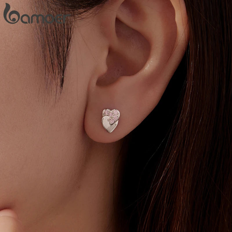BAMOER 925 Sterling Silver Double Heart Stud Earrings Pink Zircons Earrings Hypoallergenic for Women Teens Valentine's Gift