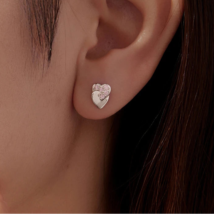 Tejesa 925 Sterling Silver Double Heart Stud Earrings Pink Zircons Earrings Hypoallergenic for Women Teens Valentine's Gift