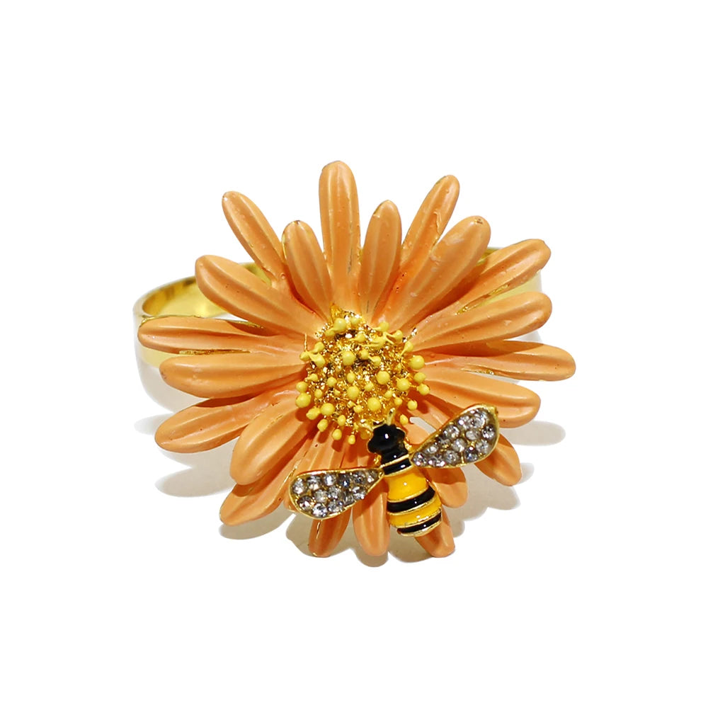 Hemasa 6Pcs Flower Bee Napkin Rings/ Metal Daisy Flower Napkin Rings