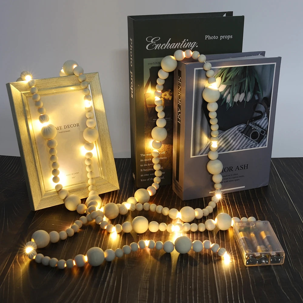 Wood Bead Garland With LED light  Wood Bead Garland Farmhouse Rustic Bead for Wall Hanging Vase Handle Door Boho Decor Christmas