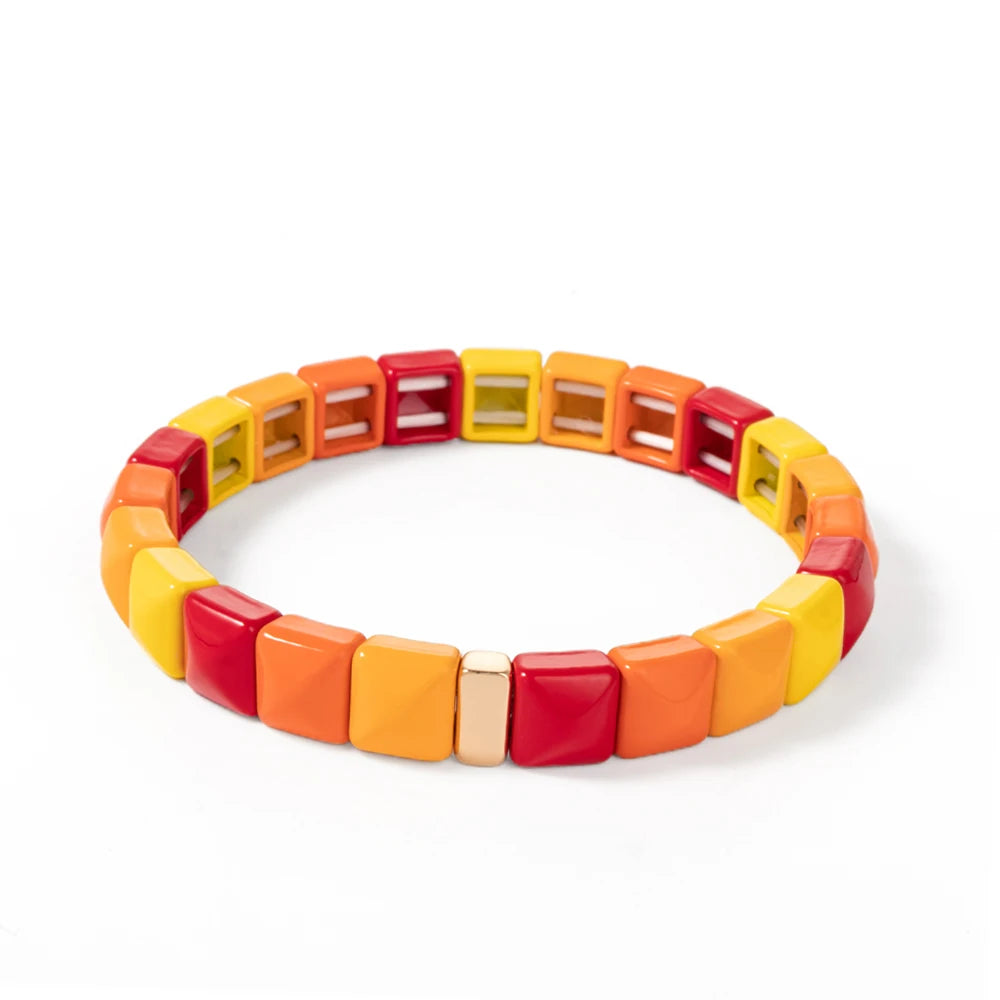 Tejesa Colorful Enamel Square Shape Rhombus Faced Bohemain Geometric Elastic Bracelets For Women