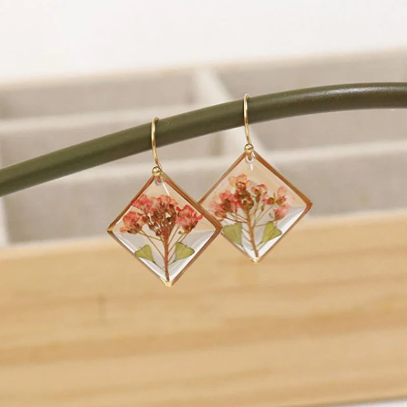 Unique Geometric Earrings With Flower Women Elegant Natural Pressed Flower Earring Statement Jewelry Wholesale Floral Earring