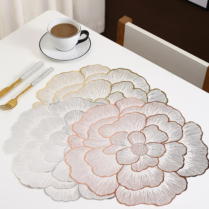 Hemasa Creative Peony Placemat Nordic Style Gold Plated Home Coasters PVC Dinning Table Decorative Mat Anti Slip Waterproof Meal Mat