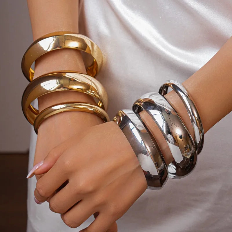 3 PCS Set Gold Color Wide Bangles for Women Girls Classic Exaggerated Big Statement Bracelet Luxury Wedding Party Jewelry Gift