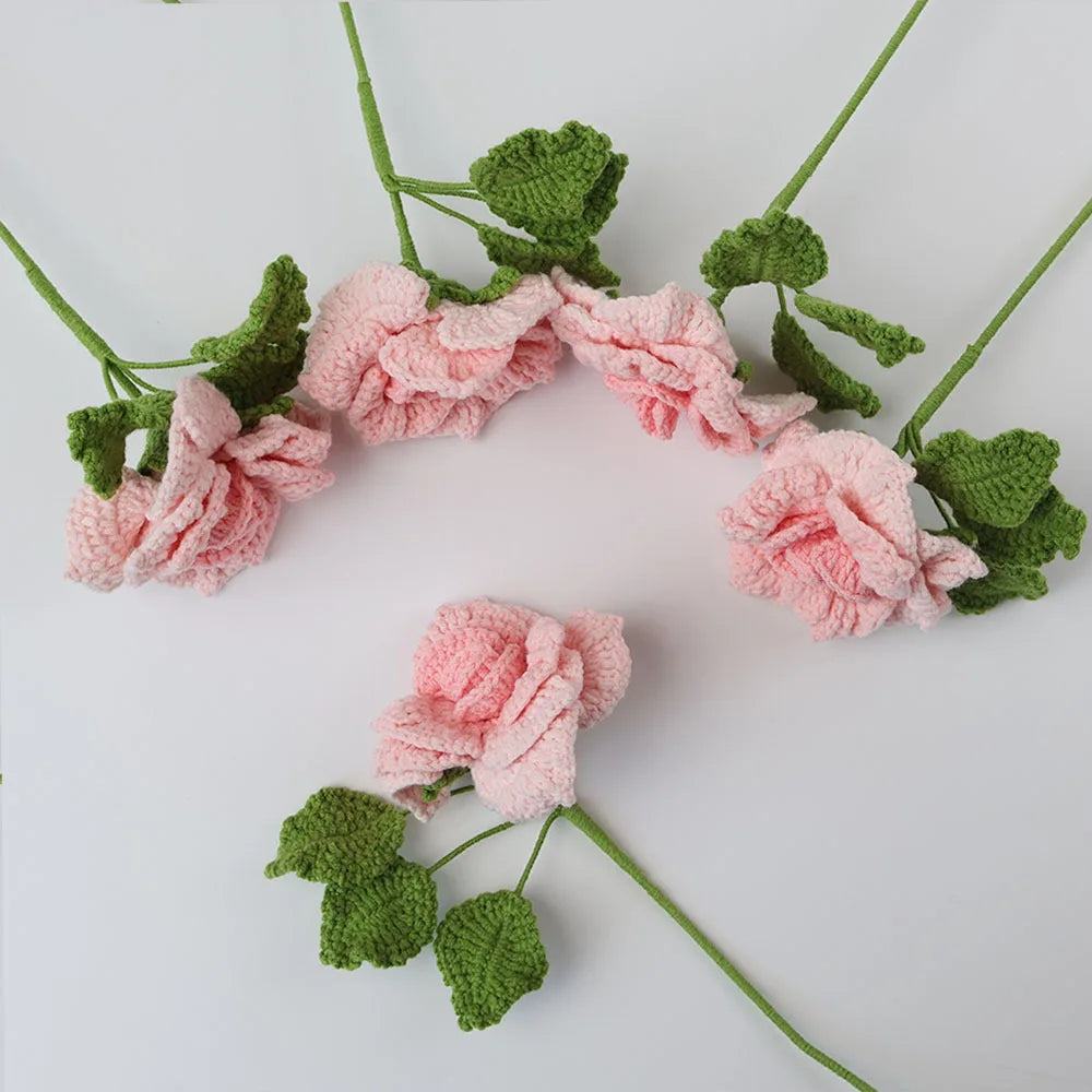 Hemasa 5Pcs Rose Knitted Crochet  Flowers /Wedding Bouquet Flower /Knitted Bouquet Home Party Decor  Friends Gift