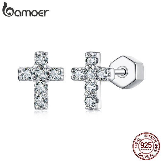 BAMOER White Gold Plated Moissanite Cross Earrings for Women, 925 Sterling Silver Small Religious Faith Cross Studs Huggies