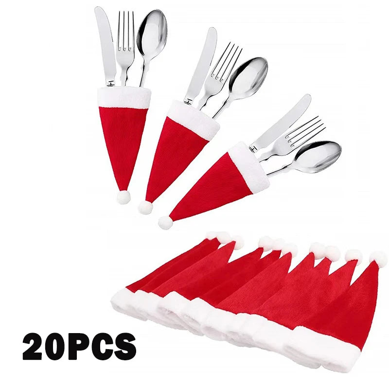 Hemasa Merry Christmas Tableware Bag Holder Christmas Hat Fork Knife Cutlery Bag Christmas Decorations for Home