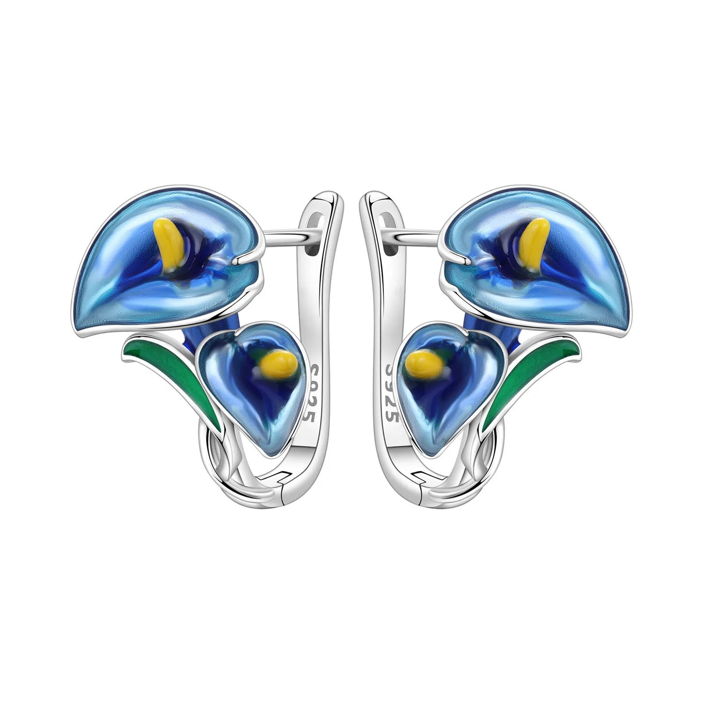 Orstarry S925 Sterling Silver Earrings Exquisite Blue Horseshoe Lotus Orchid Iris Flower Earrings For Women Birthday Gift