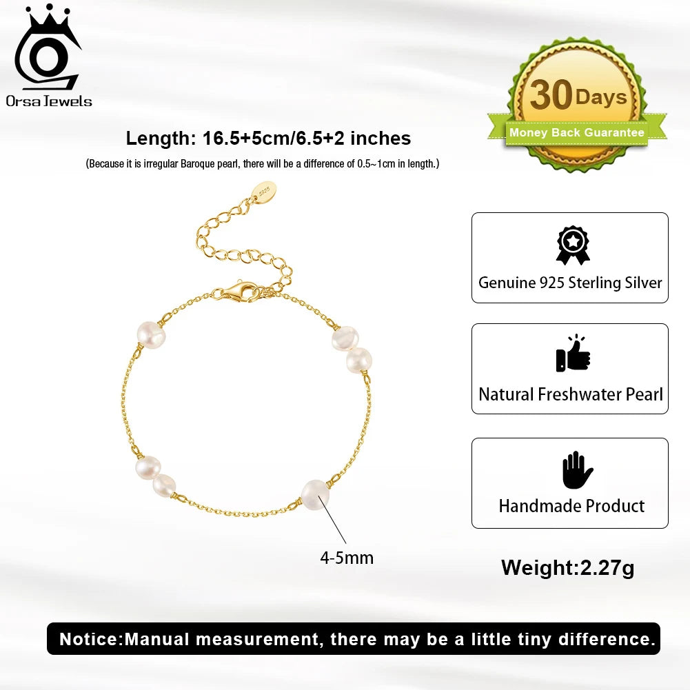 ORSA JEWELS 925 Sterling Silver Pearl Bracelet for Women Girls Vintage Pearls Link Chain Bracelet Fashion Jewelry GPB27