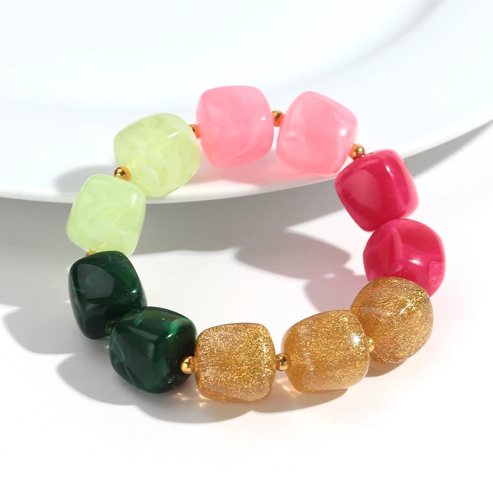 New Multicolor Acrylic Geometric Bead Bracelet for Women Trendy Resin Irregular Square Elastic Bracelets Handmade Jewelry Gift