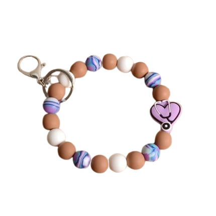 Hemasa Personalized Bangle Silicone Bead  Stretch Wristlet bracelet/ Keychain with  Keyring Gift for Teacher Mom Nurse Gift