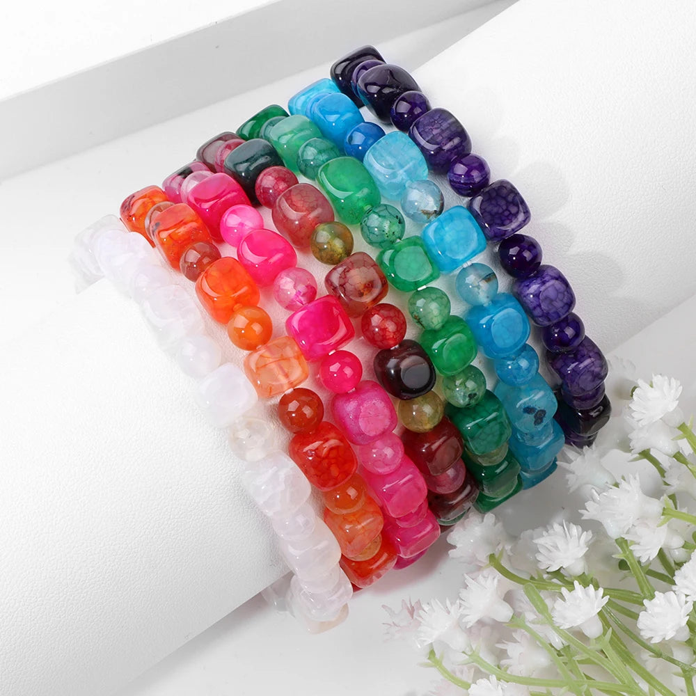 Square Tourmaline Agates Bracelets For Women Men 6mm Red Agates Round Spacer Beads Bracelet Handmade Stretch Meditation Bangles