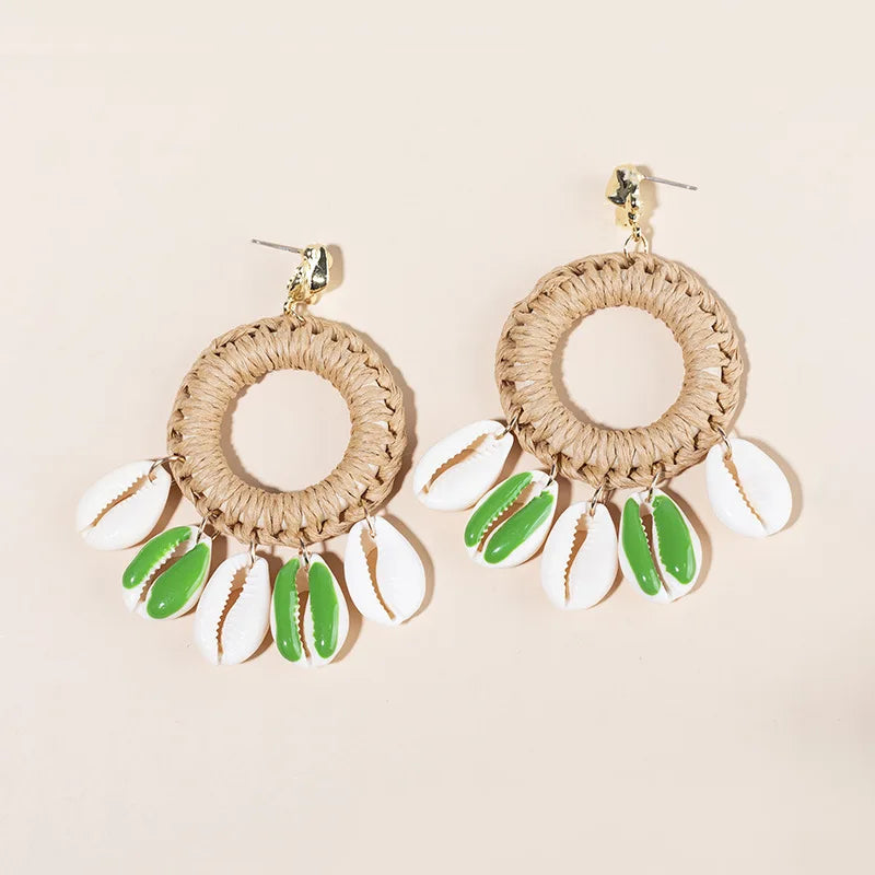 Boho Big Shell Cowrie Rattan Handmade Earrings Natural Seashell Statement Drop Earrings Women Summer Holiday Beach Jewelry Gift