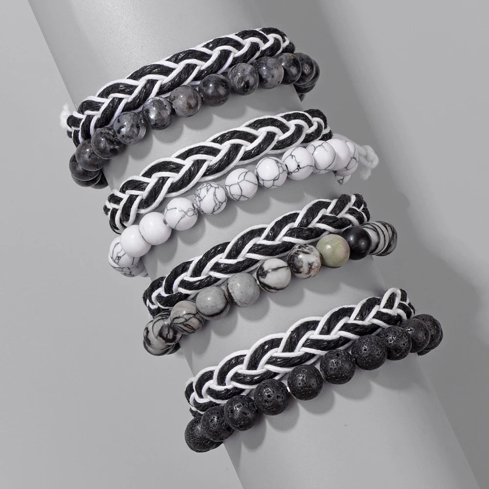 Tejesa 2pcs/set Boho Handmade Braided Rope Bracelet Natural Stone Lava Volcanic Beads Charm Bracelets Set Jewelry for Men Women Gift